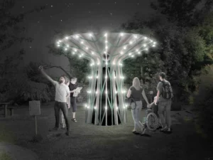 Concept image of Sensory Tree Rainwater Harvesting Tower at night with people visiting