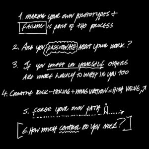 Handwritten design notes on a black background outlining lessons from James Dyson’s Invention — about prototyping, passion, creative risk-taking, and self-investment.
