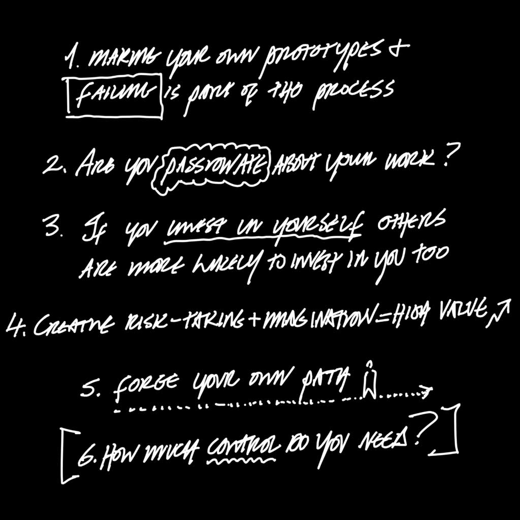 Handwritten design notes on a black background outlining lessons from James Dyson’s Invention — about prototyping, passion, creative risk-taking, and self-investment.