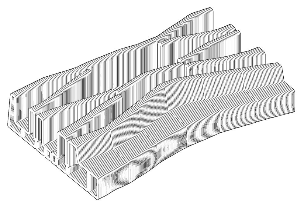 Assembled axonometric drawing of Burren Bench, showing the ribbed seats, open fissures and joins between the twelve sections.