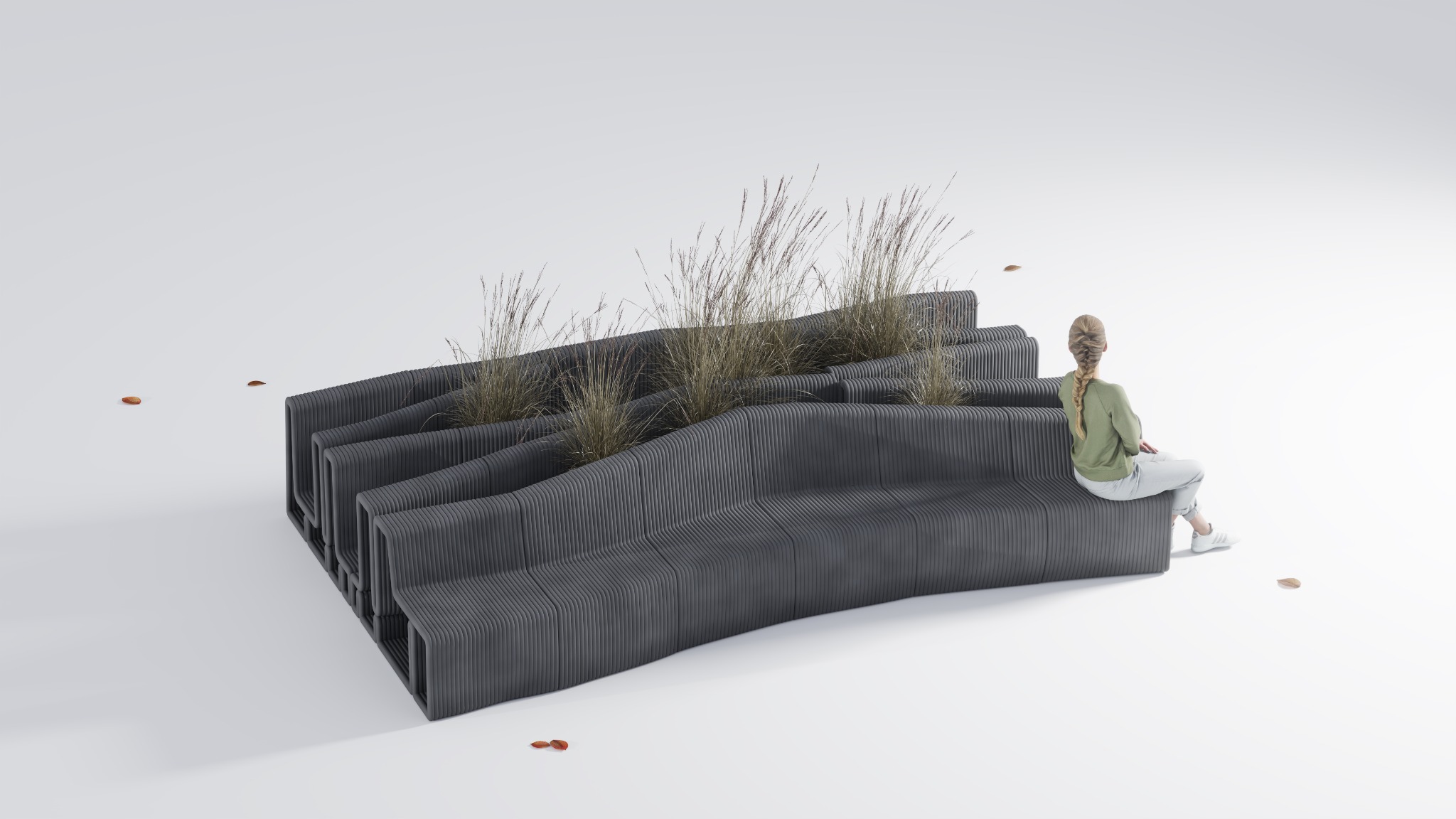 Studio visualisation of Burren Bench, with planted fissures and a person seated at one end